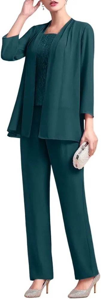 Zongqiven Women's Chiffon 3 Pcs Pants Suits Lace Mother of Bride Dress Sets Wedding Guest Formal Evening