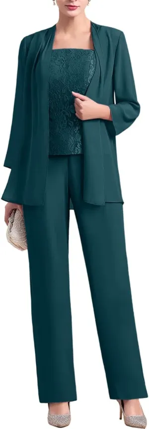 Zongqiven Women's Chiffon 3 Pcs Pants Suits Lace Mother of Bride Dress Sets Wedding Guest Formal Evening