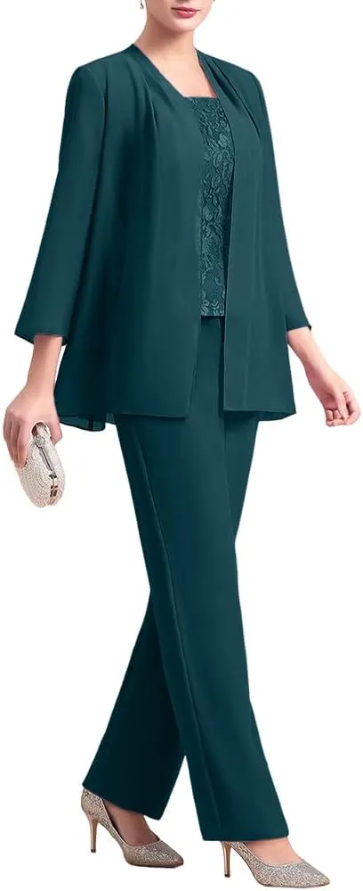 Zongqiven Women's Chiffon 3 Pcs Pants Suits Lace Mother of Bride Dress Sets Wedding Guest Formal Evening