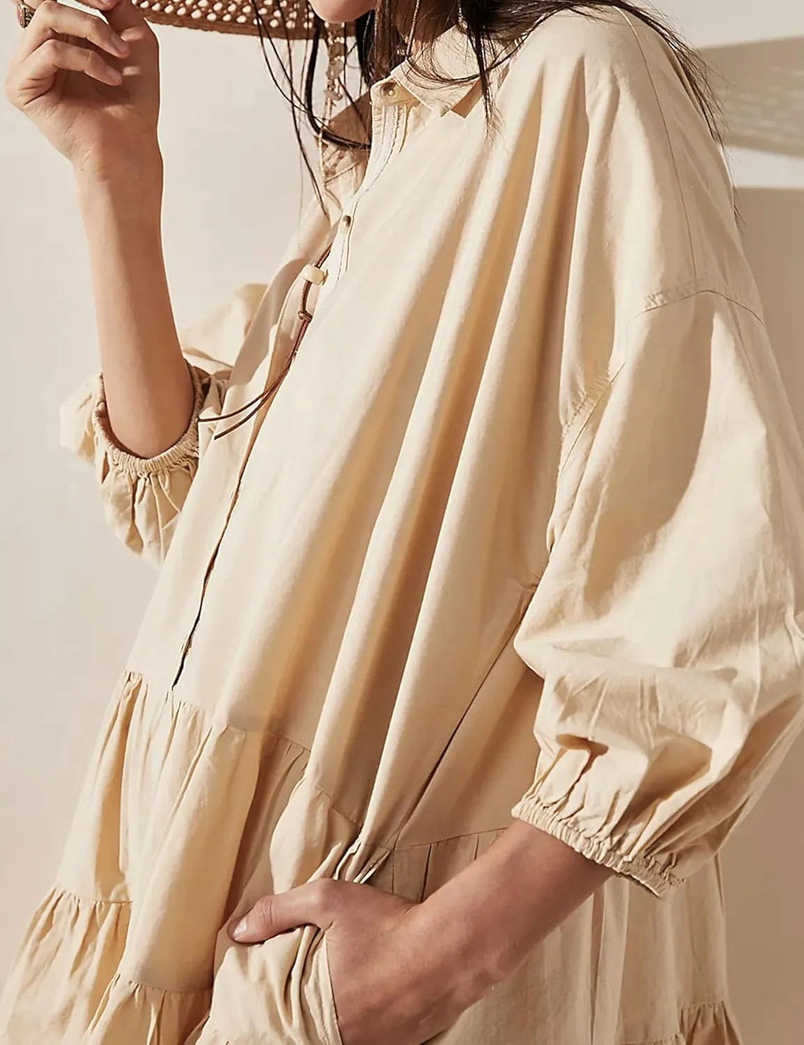 Zontroldy Women's Oversized Casual Collared Babydoll Mini Dresses Puff Sleeve A-line Tiered Shirt Tunic Dress