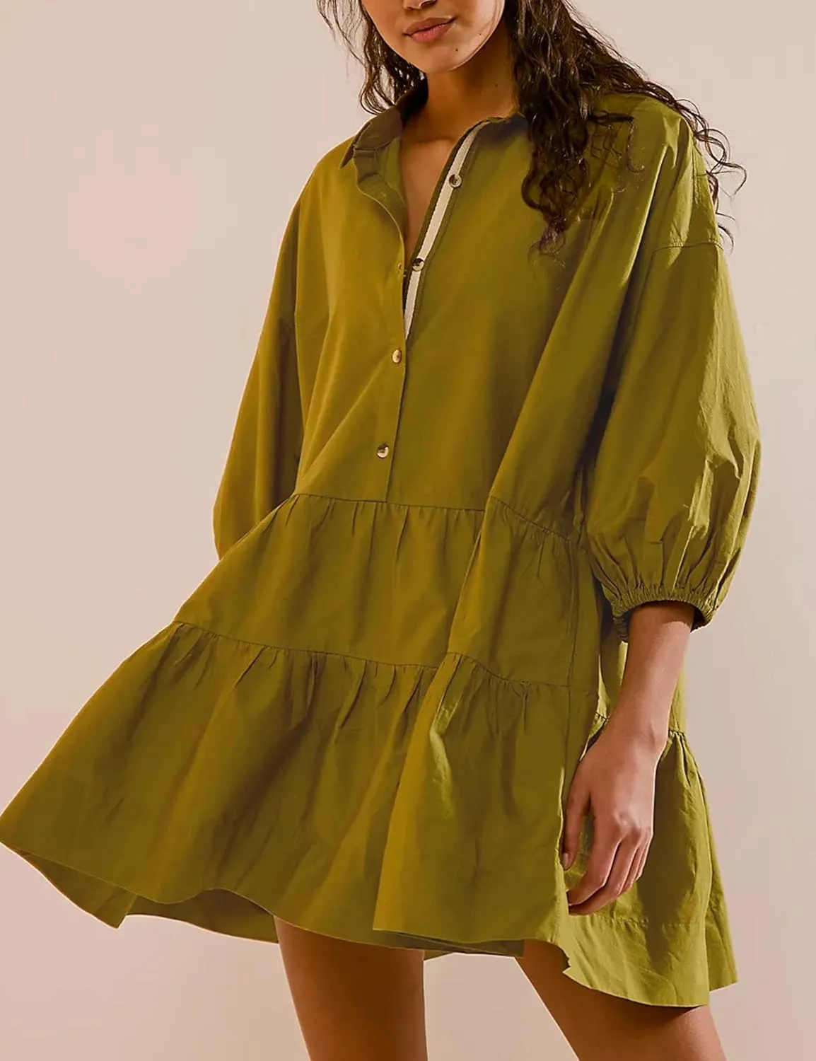 Zontroldy Women's Oversized Casual Collared Babydoll Mini Dresses Puff Sleeve A-line Tiered Shirt Tunic Dress