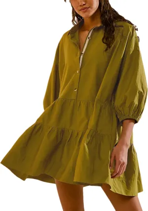 Zontroldy Women's Oversized Casual Collared Babydoll Mini Dresses Puff Sleeve A-line Tiered Shirt Tunic Dress