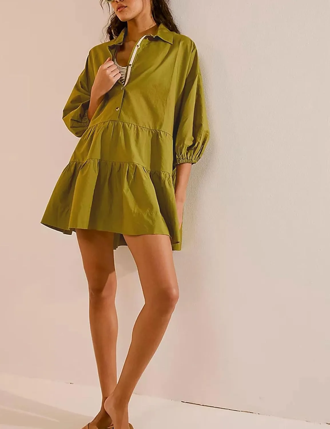Zontroldy Women's Oversized Casual Collared Babydoll Mini Dresses Puff Sleeve A-line Tiered Shirt Tunic Dress