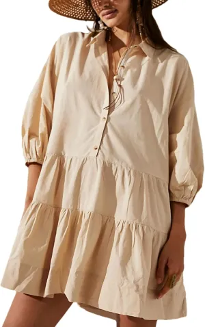 Zontroldy Women's Oversized Casual Collared Babydoll Mini Dresses Puff Sleeve A-line Tiered Shirt Tunic Dress