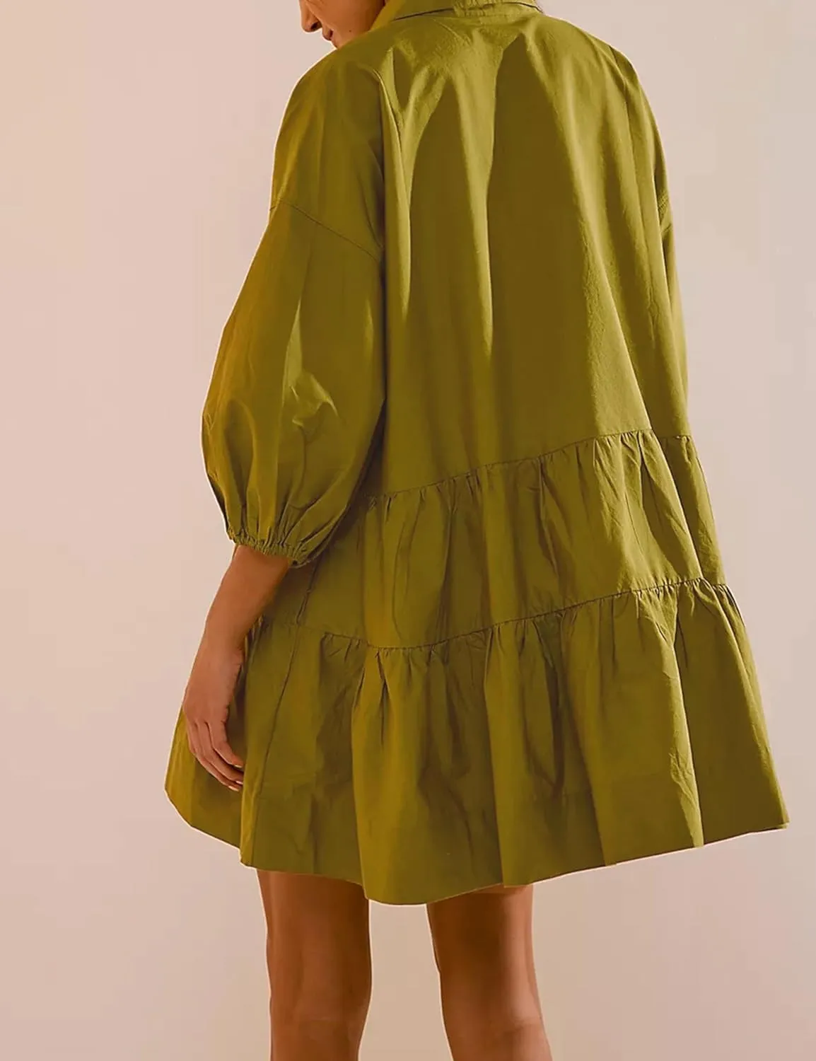 Zontroldy Women's Oversized Casual Collared Babydoll Mini Dresses Puff Sleeve A-line Tiered Shirt Tunic Dress