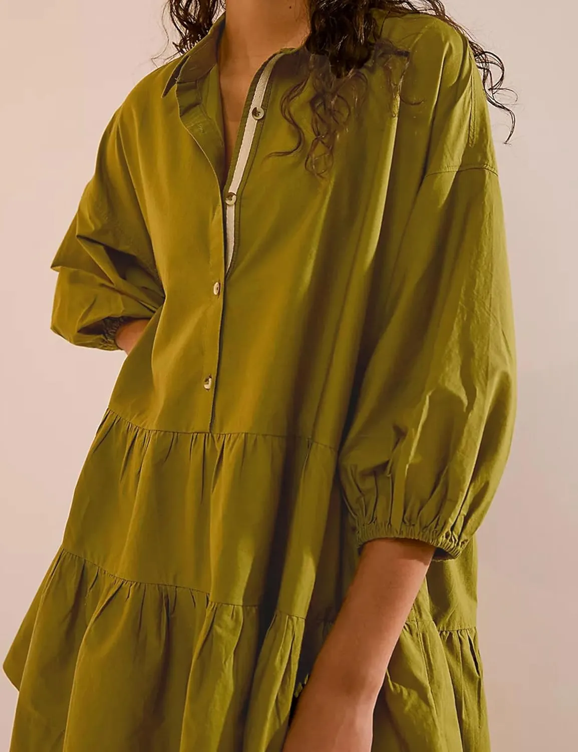 Zontroldy Women's Oversized Casual Collared Babydoll Mini Dresses Puff Sleeve A-line Tiered Shirt Tunic Dress