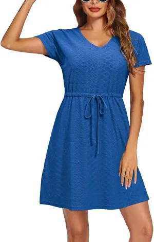ZYXTIM Eyelet Dresses for Women 2025 Short Sleeve V Neck Hollow Out Lace Ruffle Casual Beach Vacation Summer Party Dress
